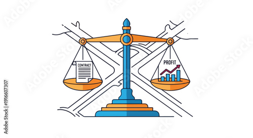 Scales of justice balancing a contract against profit and growth chart, representing business decisions