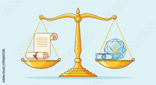 Golden scales of justice balancing a scroll with a dollar sign crystal ball and money