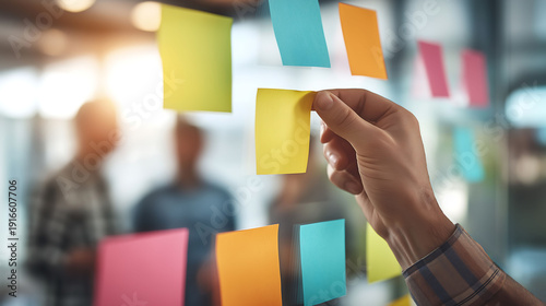 A hand places a colorful sticky note on a glass board during a team meeting, representing brainstorming, collaboration, and creative project planning in a modern office