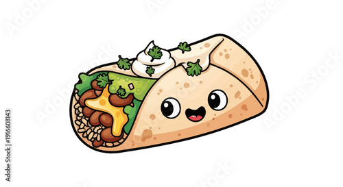 Adorable cartoon burrito with cheerful expression invites you to a delightful culinary adventure