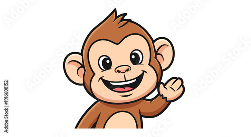 Adorable monkey character waving with joyful expression in a cartoon style illustration