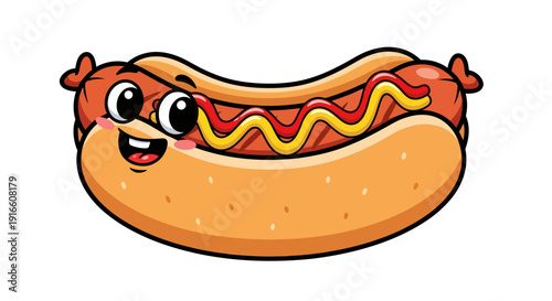 A cheerfully illustrated hotdog character with bright condiments, ready for a cartoon snack