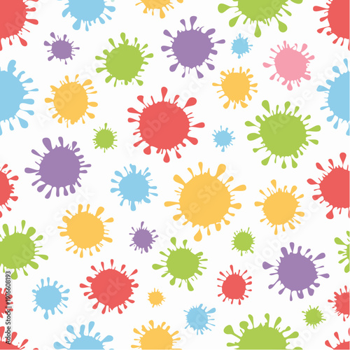 Vibrant, abstract seamless pattern of colorful paint splatters and ink blots on white, perfect for playful creative design, children's art, and festive themes