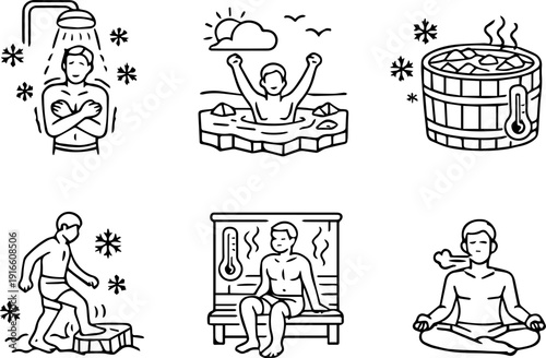 Cold exposure and ice bath therapy icon set
