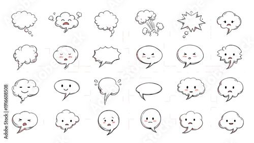 Collection of twenty-four white comic book speech bubbles with adorable facial expressions for playful and character-driven graphic designs.
