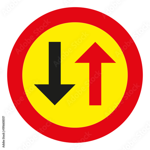 The sign is used on narrow sections of the road. Road sign giving way to oncoming traffic.