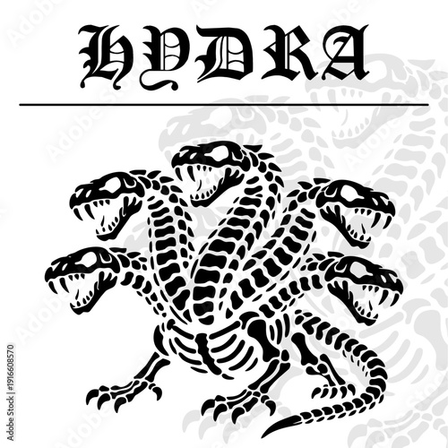 Mythical Hydra Skeleton Illustration with Multi-Headed Bone Structure Artwork in Gothic Engraving Style