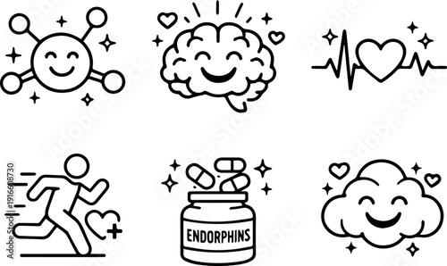 Endorphin boost and happiness icon set

