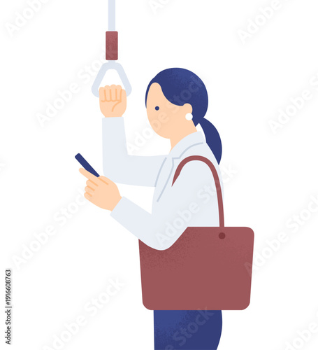 電車通勤のスキマ時間で情報収集するビジネスパーソン。つり革を持ちスマホを見る女性のイラスト素材。