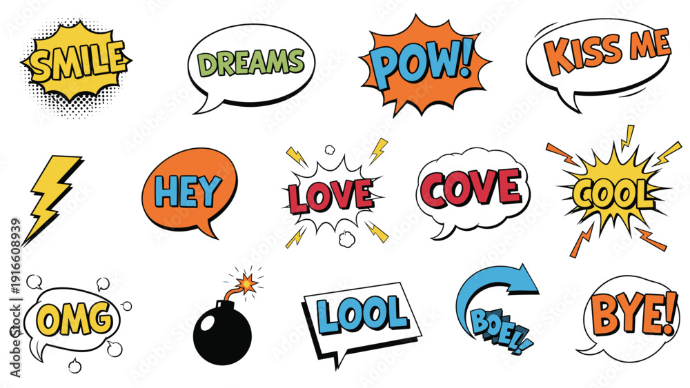 Obraz premium Colorful collection of comic book style speech bubbles explosion clouds and action symbols with playful text for creative and dynamic storytelling.
