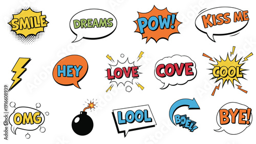 Colorful collection of comic book style speech bubbles explosion clouds and action symbols with playful text for creative and dynamic storytelling.