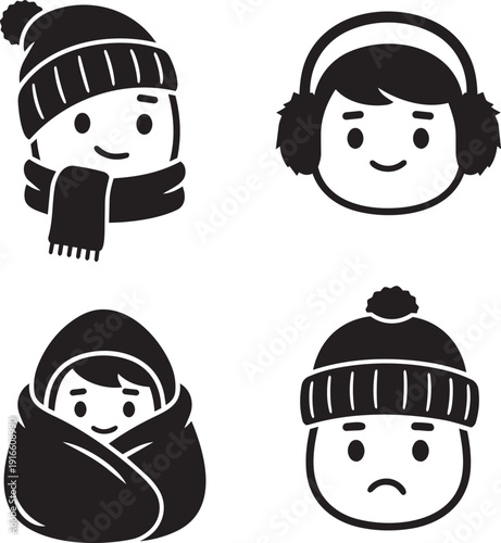 Winter children wear hats and earmuffs smiling faces in cold weather outdoors