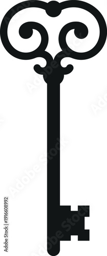 Ornate key black icon. Antique door open symbol