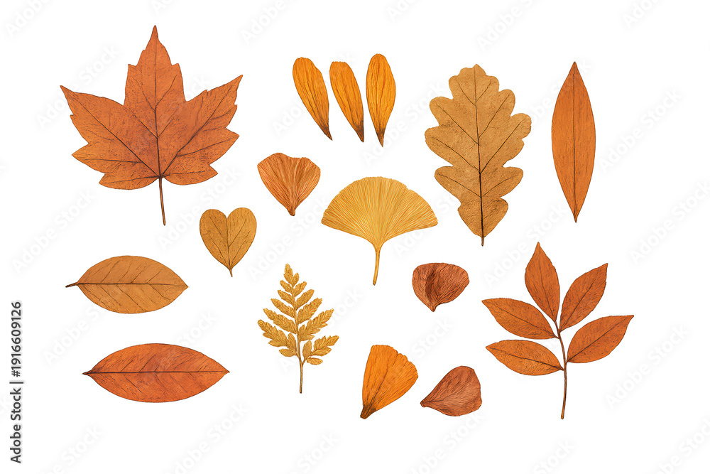 Naklejka premium Autumn leaf collection featuring maple, oak, ginkgo, and rowan foliage for fall designs on transparent background