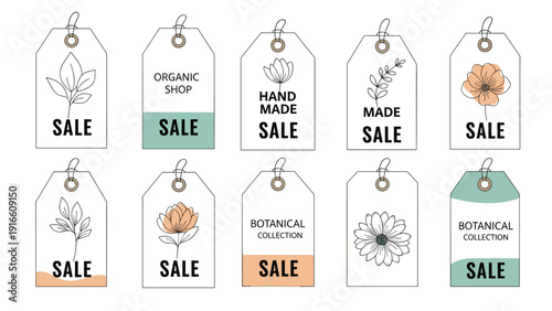 Set of ten stylish gift tags or price labels featuring botanical illustrations and Sale text with a minimalist organic shop aesthetic for retail.