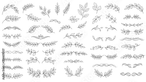 Collection of delicate hand-drawn botanical dividers and wreaths is presented in a sketchy style for wedding stationery design.