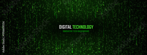 Green matrix code streams down dark screen with binary numbers creating futuristic cyber rain effect and technological data visualization in digital hacker interface background.