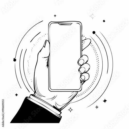 hand holding phone line art style vector with transparent background.