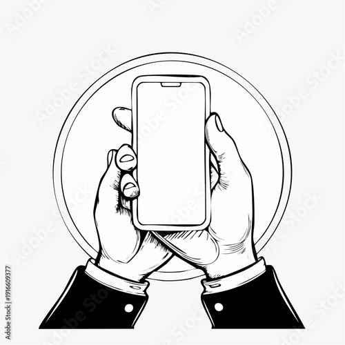 hand holding phone line art style vector with transparent background.