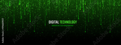 Futuristic binary streams cascade through dark interface with glowing digits, creating cyberpunk aesthetic for software development and electronic data visualization artwork.