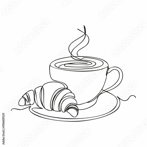 Continuous line coffee cup and croissant food illustration Simple art lines on transparent background, editable strokes.