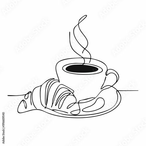 Continuous line coffee cup and croissant food illustration Simple art lines on transparent background, editable strokes.