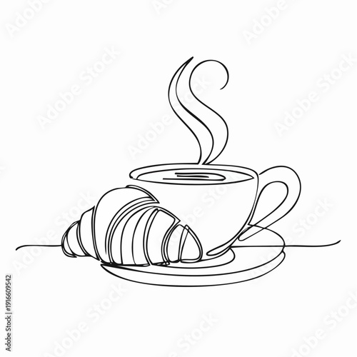 Continuous line coffee cup and croissant food illustration Simple art lines on transparent background, editable strokes.