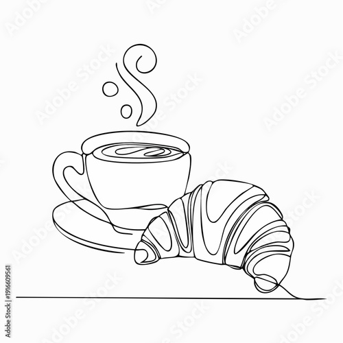 Continuous line coffee cup and croissant food illustration Simple art lines on transparent background, editable strokes.