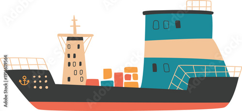 Cargo ship cute drawing. River barge icon