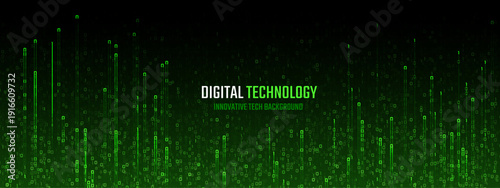 Digital green code rain flows through black background with binary data streams creating matrix-style cyber security theme for technology and programming interface design.