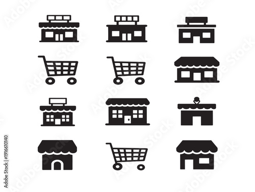 Stylish shopping mall silhouette set with vibrant retail atmosphere