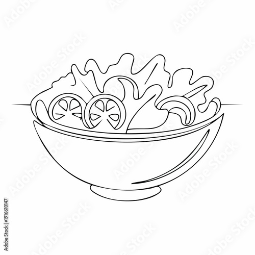 Continuous line salad in a bowl vector illustration with transparent background editable stroke.
