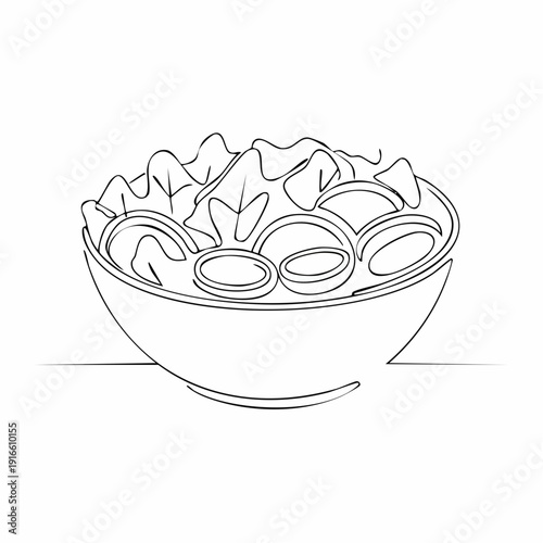 Continuous line salad in a bowl vector illustration with transparent background editable stroke.