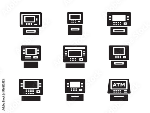 Sleek ATM machine silhouette set with modern banking technology concept