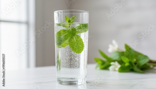 Refreshing Mint Infused Sparkling Water in a Clear Glass with Fresh Mint Leaves on a Marble Surface