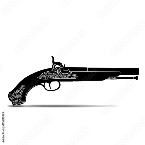 Antique Black Pistol Silhouette on White Background, Detailed Design.
