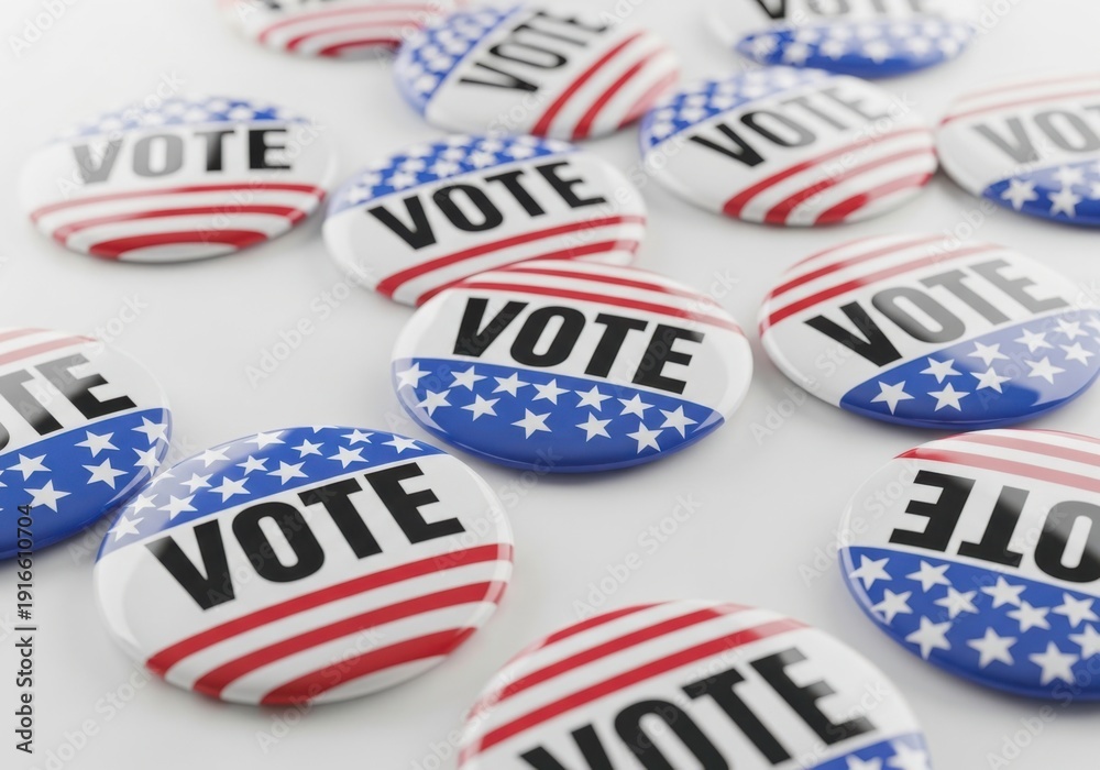 Fototapeta premium A collection of vote buttons with the american flag design, symbolizing the importance of voting in elections and democratic participation