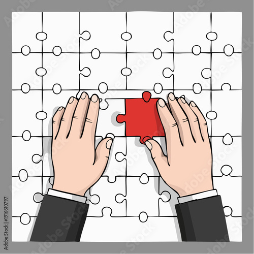 Both hands are putting together a jigsaw puzzle. line art vector illustration with transparent background editable stroke.