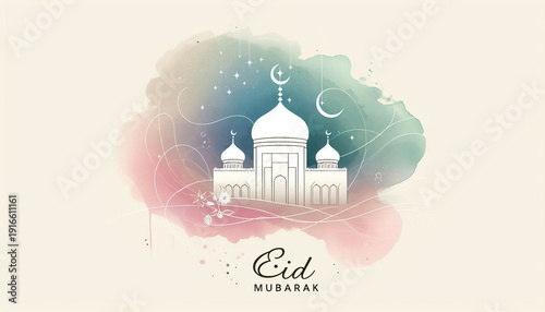 Modern Eid Mubarak Typography with Minimal Mosque Line Illustration Watercolor Backdrop