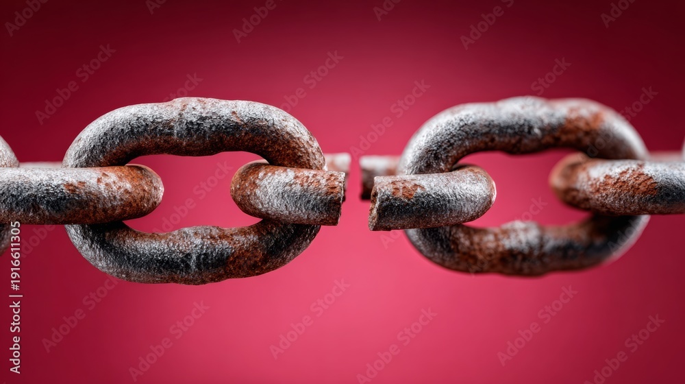 Fototapeta premium A chain is broken in half, with one half hanging off the other. The chain is rusty and worn, and the broken link is visible. Concept of loss and separation, as the chain is no longer whole
