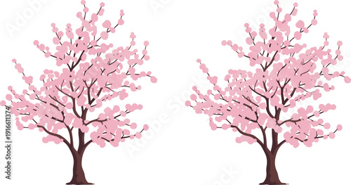 Pink Cherry Blossom Trees Illustration Set, Blooming Sakura Spring Floral Collection Isolated on Light Background for Landscape, Garden Design and Decorative Projects