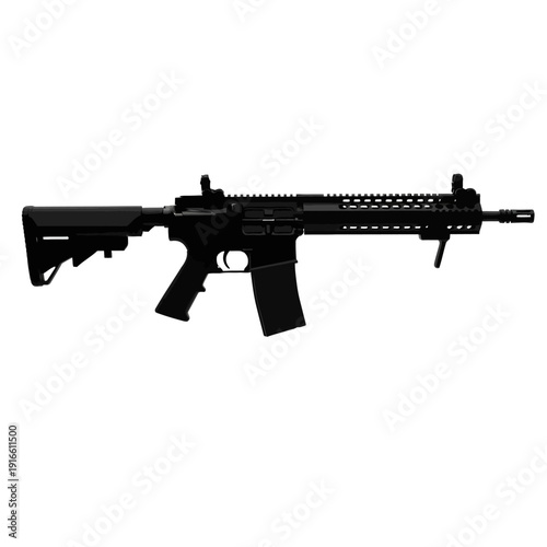 Black Modern Assault Rifle Isolated on White Background for Military Purposes.