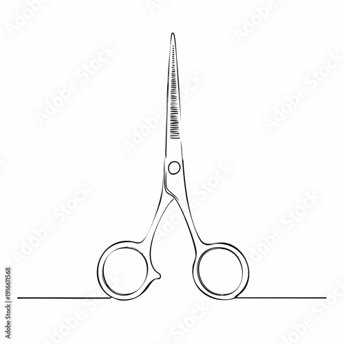 Single continuous line, hair cutting scissors, barber shop line art vector illustration with transparent background editable stroke.