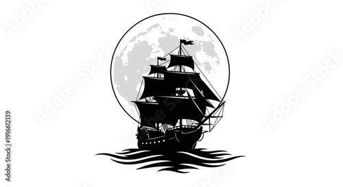 Silhouette Pirate Ship Sailing on Moonlit Ocean Waves