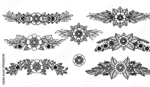 Mehndi floral border vector set with flowing henna ornamental patterns