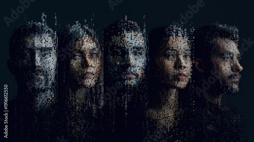 Digital Identities: A composite image of individuals with pixelated facial features, exploring the intersection of humanity and technology, hinting at digital transformation and the evolving self.