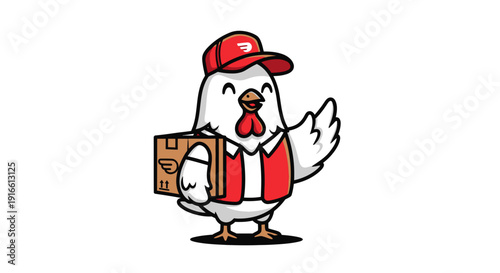 Cartoon chicken delivery mascot with box delivering package with service uniform