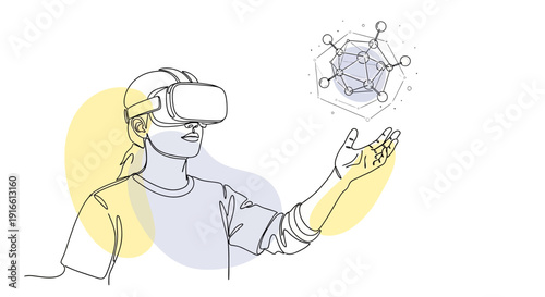 Person wearing VR headset interacting with futuristic molecular structure