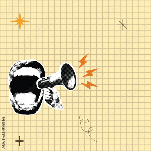 Retro vintage pop art comic style halftone collage social media post, ads, banner  with open mouth shouting into megaphone, speech bubble, and geometric shapes on grid paper