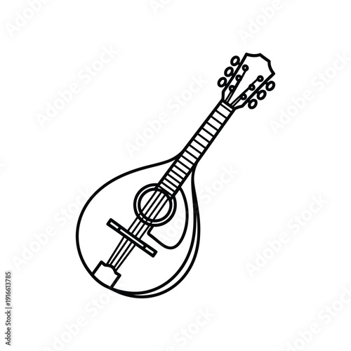 Elegant illustration of a traditional mandolin musical instrument with strings and tuning pegs